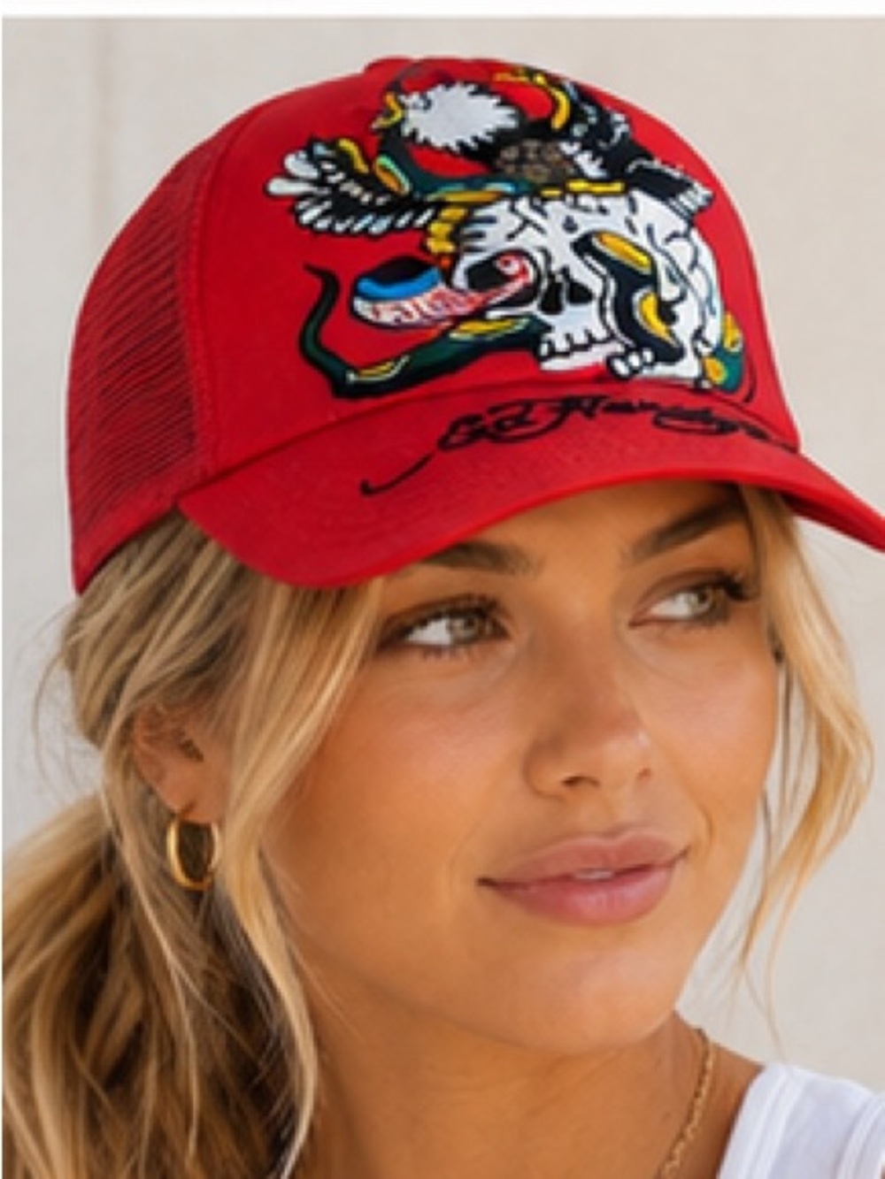 VINTAGE ED HARDY NYC EAGLE SKULL TRUCKER HAT – CHERRY RED